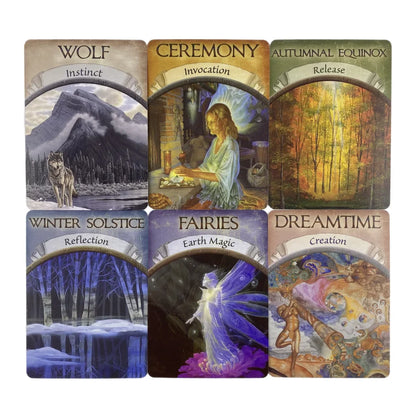 A six-card spread of Earth Magic Oracle Cards by Steven D. Farmer featuring illustrated designs such as Wolf, Ceremony, Autumnal Equinox, Winter Solstice, Fairies, and Dreamtime on a clean background. — for Carpe Diem Dream