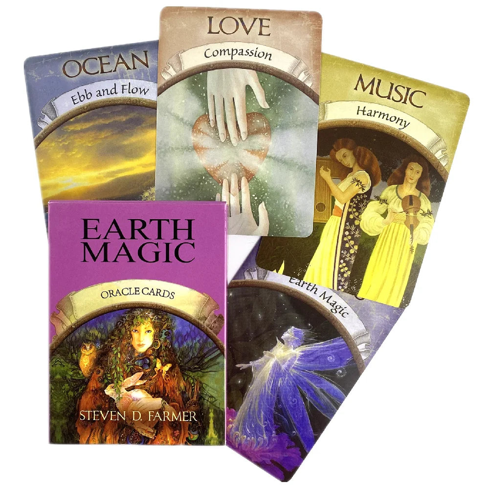 A spread of Earth Magic Oracle Cards by Steven D. Farmer showing multiple illustrated card designs including themes of nature, emotion, and elemental guidance on a clean background. — for Carpe Diem Dream