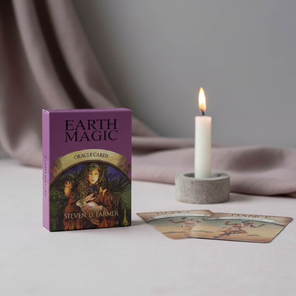 Earth Magic Oracle Deck box by Steven D. Farmer displayed on a soft linen surface beside a lit candle with oracle cards laid out in front, creating a calm and mindful reading setting. — for Carpe Diem Dream