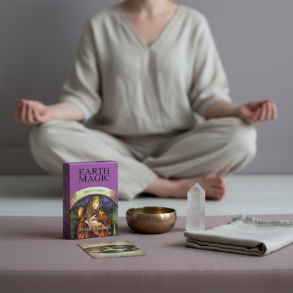 The Earth Magic Oracle Deck by Steven D. Farmer displayed in a calm meditation setting with a seated person, crystal, singing bowl, and soft neutral textiles. — for Carpe Diem Dream