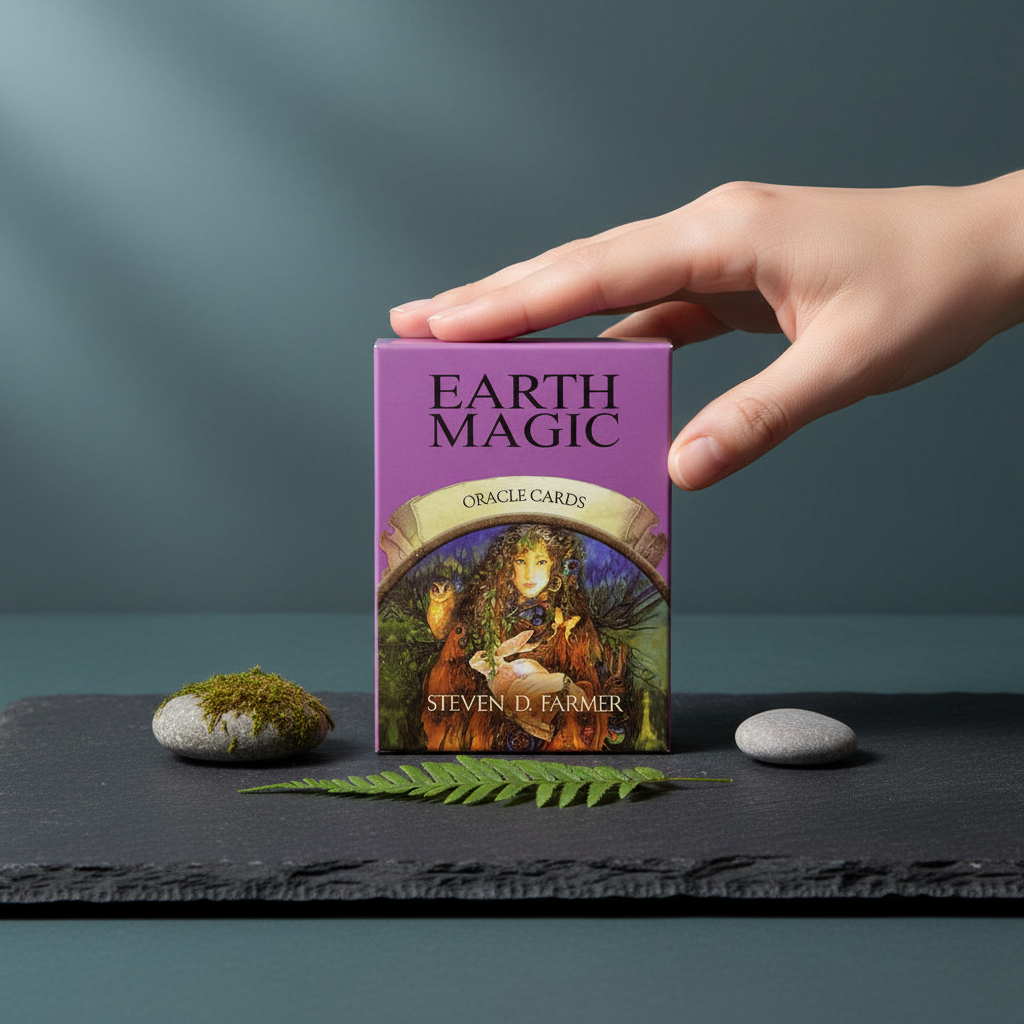A hand gently holding the Earth Magic Oracle Deck box by Steven D. Farmer to demonstrate its size on a styled surface with natural elements and soft lighting. — for Carpe Diem Dream