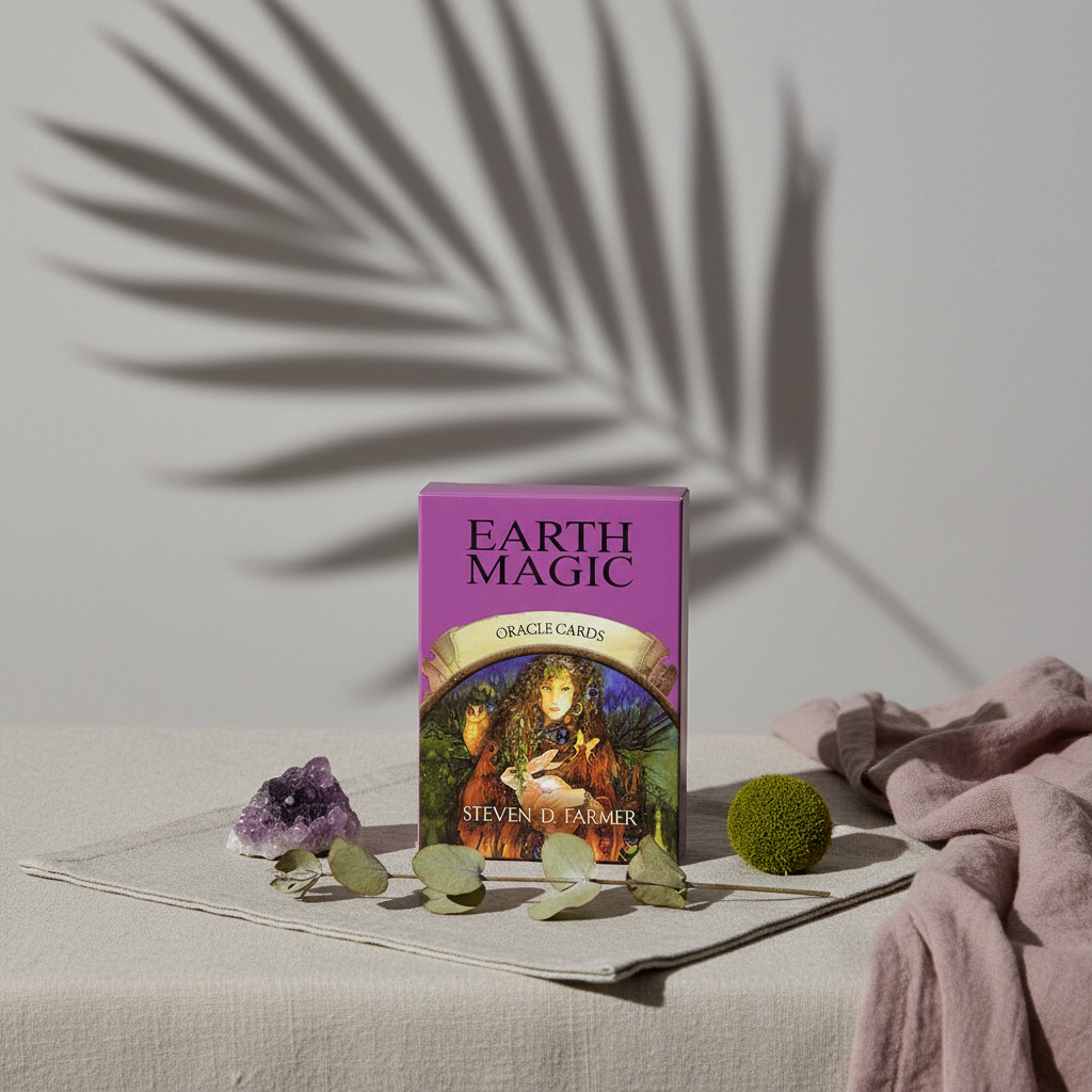 Earth Magic Oracle Deck box by Steven D. Farmer displayed on layered linen fabric with crystals, greenery, and a soft botanical shadow on a neutral textured wall. — for Carpe Diem Dream