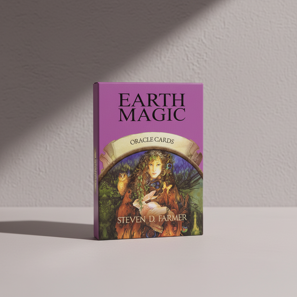 Earth Magic Oracle Deck box by Steven D. Farmer displayed upright against a neutral textured wall with soft directional lighting and minimal styling. — for Carpe Diem Dream