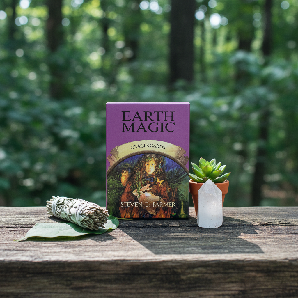 The Earth Magic Oracle Deck by Steven D. Farmer displayed outdoors on a wooden surface surrounded by sage, greenery, and crystals with a softly blurred forest background. — for Carpe Diem Dream