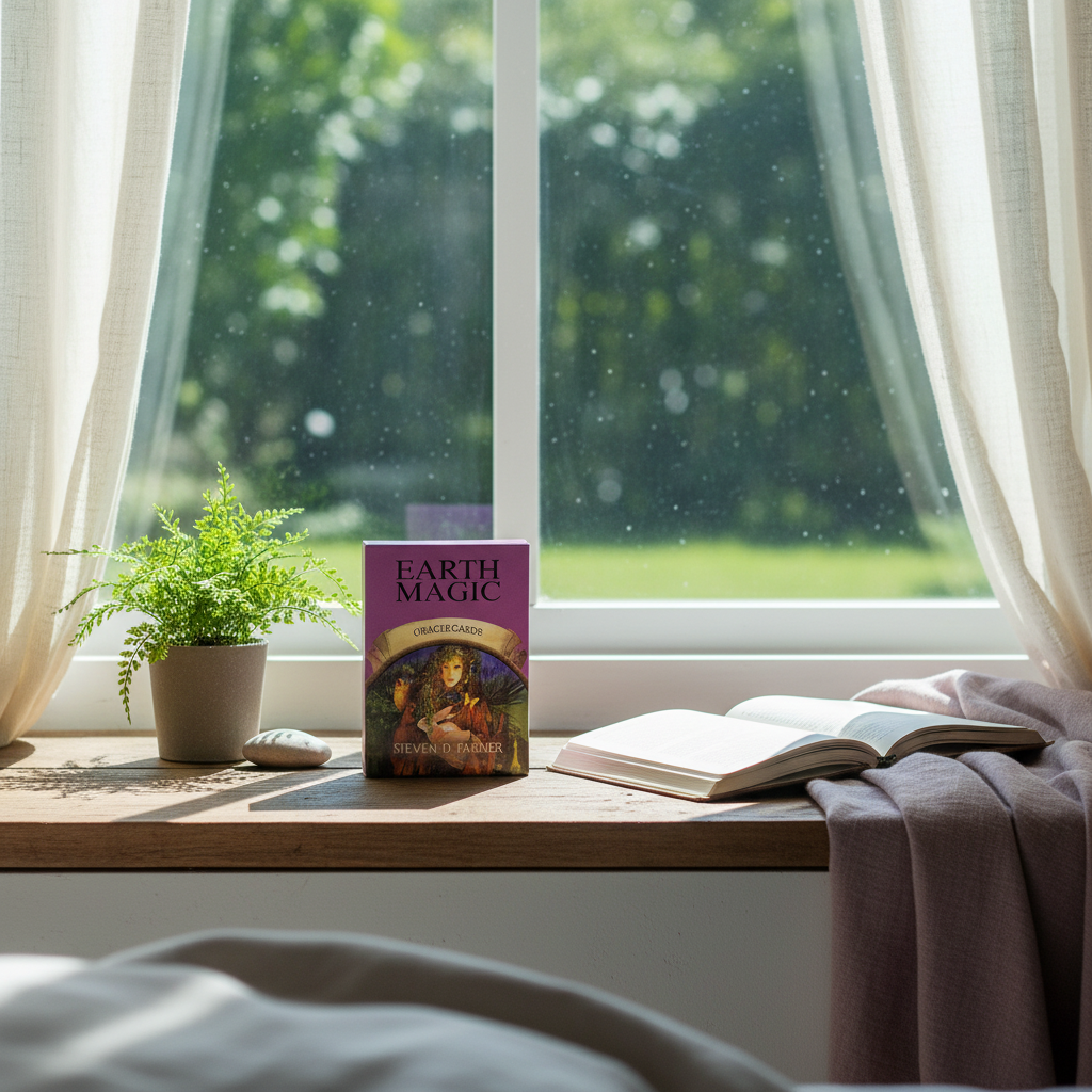 The Earth Magic Oracle Deck by Steven D. Farmer displayed on a sunlit windowsill beside an open book and plant, creating a calm and inviting home sanctuary scene. — for Carpe Diem Dream