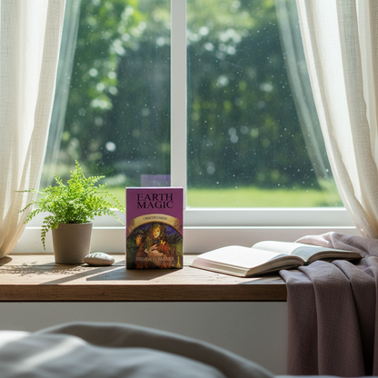 The Earth Magic Oracle Deck by Steven D. Farmer displayed on a sunlit windowsill beside an open book and plant, creating a calm and inviting home sanctuary scene. — for Carpe Diem Dream