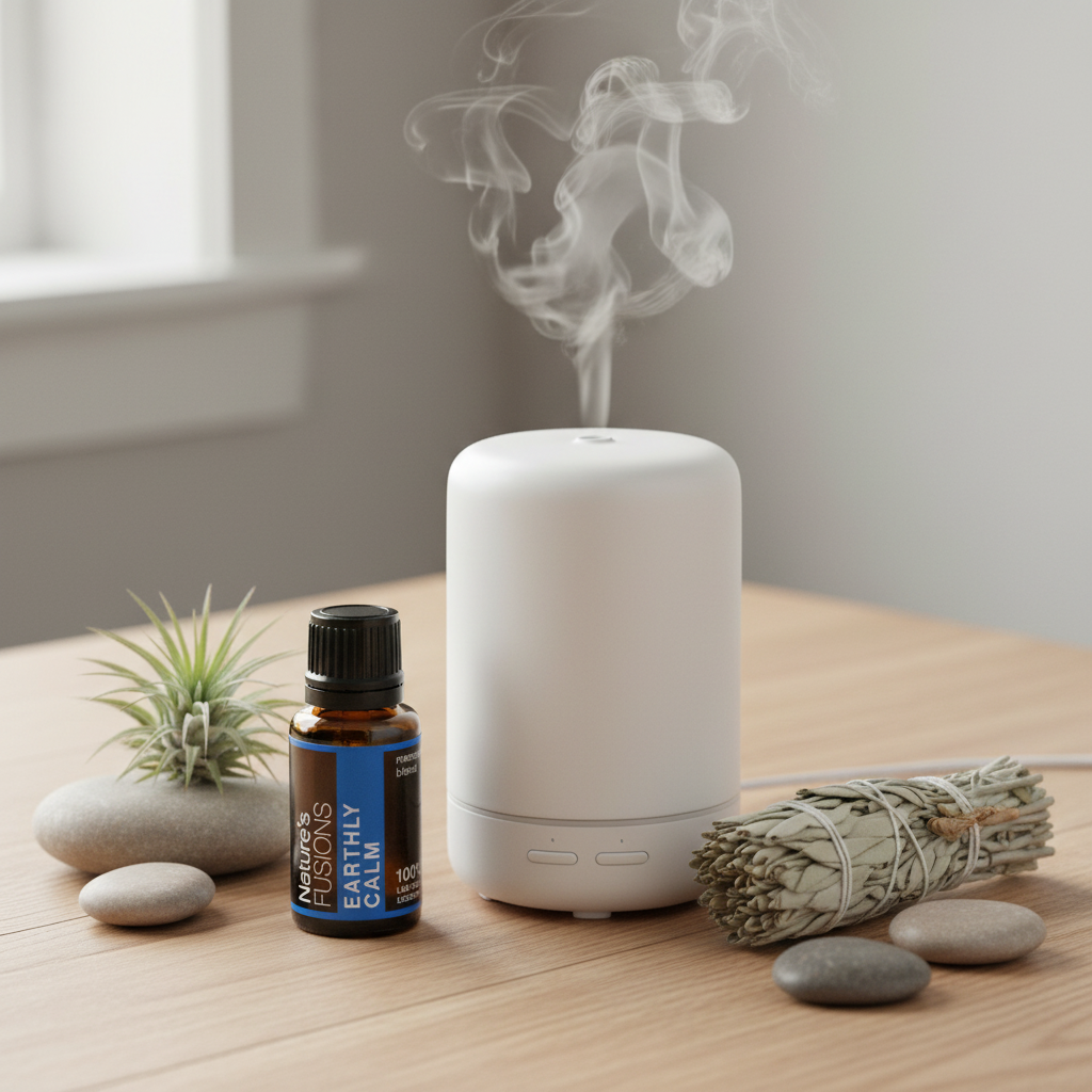 A 15ml bottle of Earthly Calm essential oil blend placed beside a white diffuser releasing steam, with smooth stones and a bundled herb on a wooden surface. — for Carpe Diem Dream