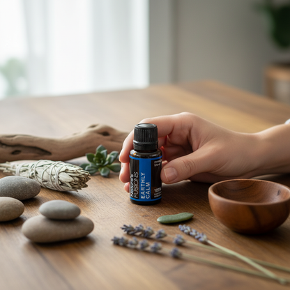 A hand holding a 15ml bottle of Earthly Calm essential oil blend beside smooth stones, dried herbs, and a wooden bowl on a wooden surface. — for Carpe Diem Dream