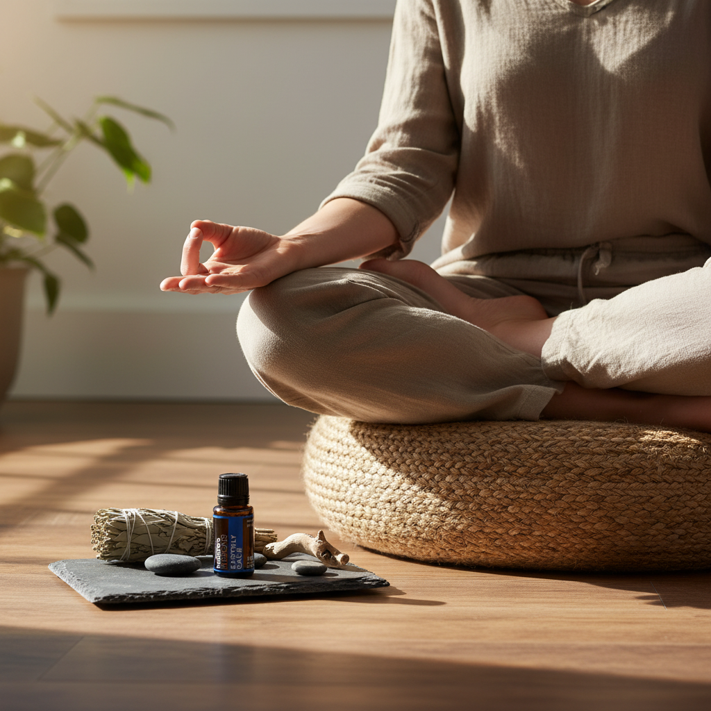 A 15ml bottle of Earthly Calm essential oil blend placed on a small mat beside smooth stones while a person sits cross-legged in meditation on a woven cushion. — for Carpe Diem Dream