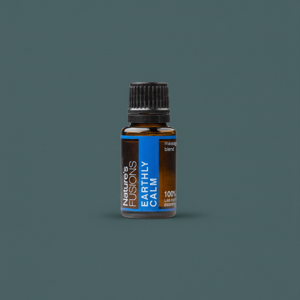 A 15ml amber glass bottle of Earthly Calm essential oil blend with a black cap and blue label displayed upright against a muted teal background. — for Carpe Diem Dream