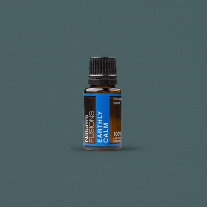 A 15ml amber glass bottle of Earthly Calm essential oil blend with a black cap and blue label displayed upright against a muted teal background. — for Carpe Diem Dream