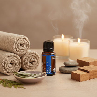 A 15ml bottle of Earthly Calm essential oil blend displayed beside rolled towels, lit candles, smooth stones, and wooden blocks on a neutral surface. — for Carpe Diem Dream