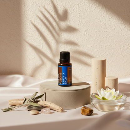 A 15ml amber glass bottle of Earthly Calm essential oil blend displayed on a neutral pedestal with botanical elements and a small bowl of water on a softly textured background. — for Carpe Diem Dream