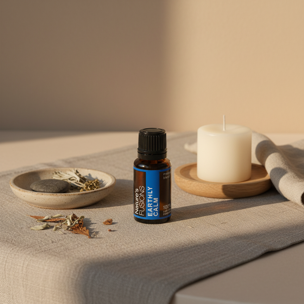 A 15ml bottle of Earthly Calm essential oil blend displayed upright on a neutral linen surface beside a ceramic dish with dried botanicals and a white candle. — for Carpe Diem Dream