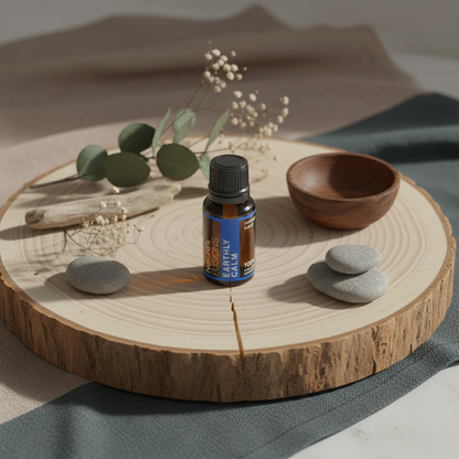 A 15ml bottle of Earthly Calm essential oil blend displayed on a natural wood slice beside smooth stones, greenery, and a small wooden bowl. — for Carpe Diem Dream