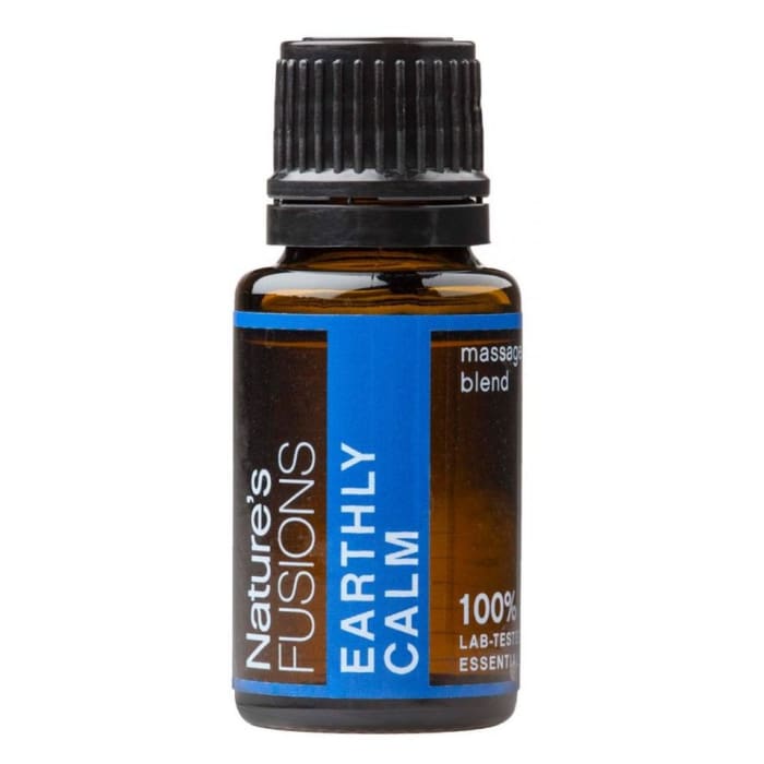 A 15ml amber glass bottle of Earthly Calm essential oil blend with a black ribbed cap and blue label displayed on a white background. — for Carpe Diem Dream