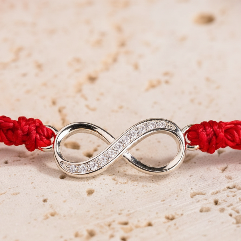 Sterling silver infinity charm displayed in a detailed close-up view atop a textured stone surface, with vibrant red woven strands on each side. — for Carpe Diem Dream
