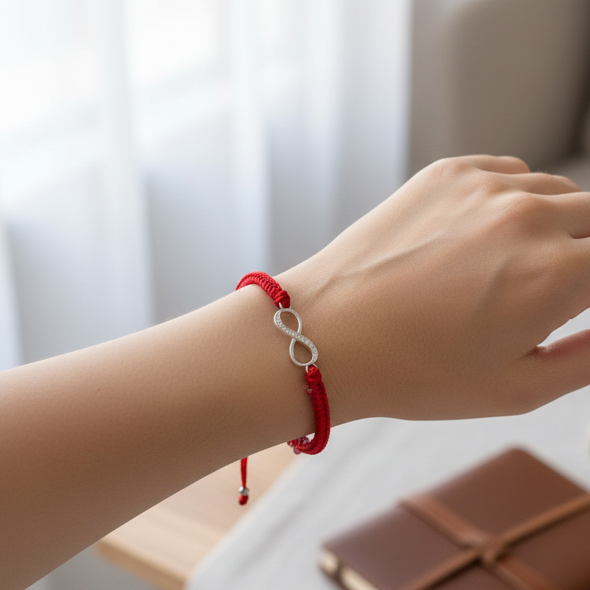 Red string bracelet with a silver infinity charm worn on the wrist in a real-life setting with soft natural window light. — for Carpe Diem Dream