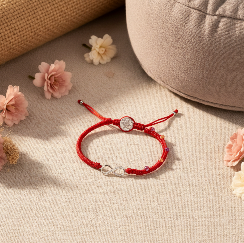 Red string bracelet with a silver infinity charm resting on a textured meditation mat beneath soft natural lighting. — for Carpe Diem Dream