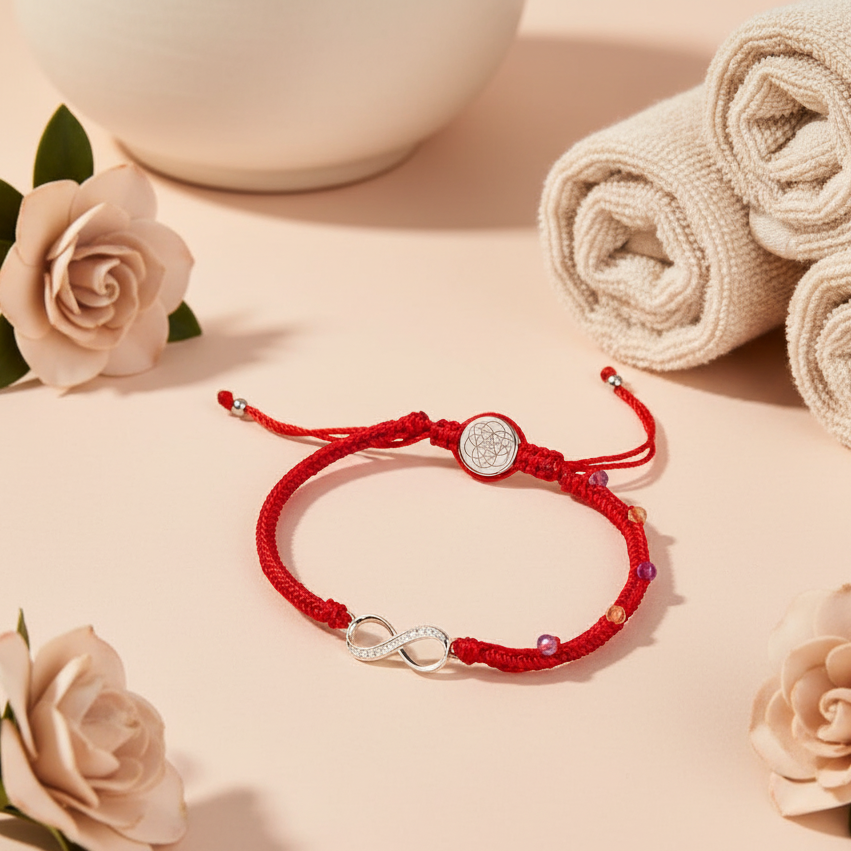 Red string bracelet with a silver infinity charm displayed beside soft blush spa towels and rose accents under diffused natural lighting. — for Carpe Diem Dream