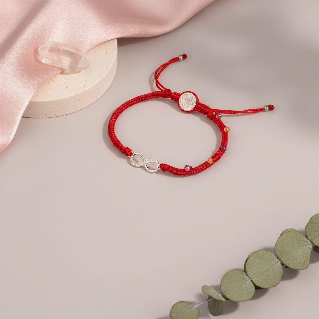 Red string bracelet with a silver infinity charm displayed on a neutral travertine pedestal with blush draping and gentle natural lighting. — for Carpe Diem Dream