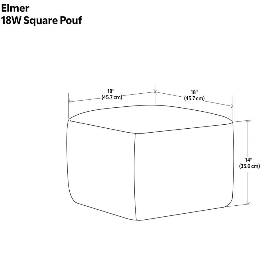 Elmer square pouf dimension diagram showing an 18-inch width, 18-inch depth, and 14-inch height. — for Carpe Diem Dream