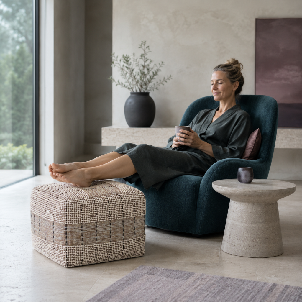 Woman relaxing in a dark teal chair with her feet resting on the Elmer handwoven jute and cotton square pouf in a calm, cool-toned living room. — for Carpe Diem Dream