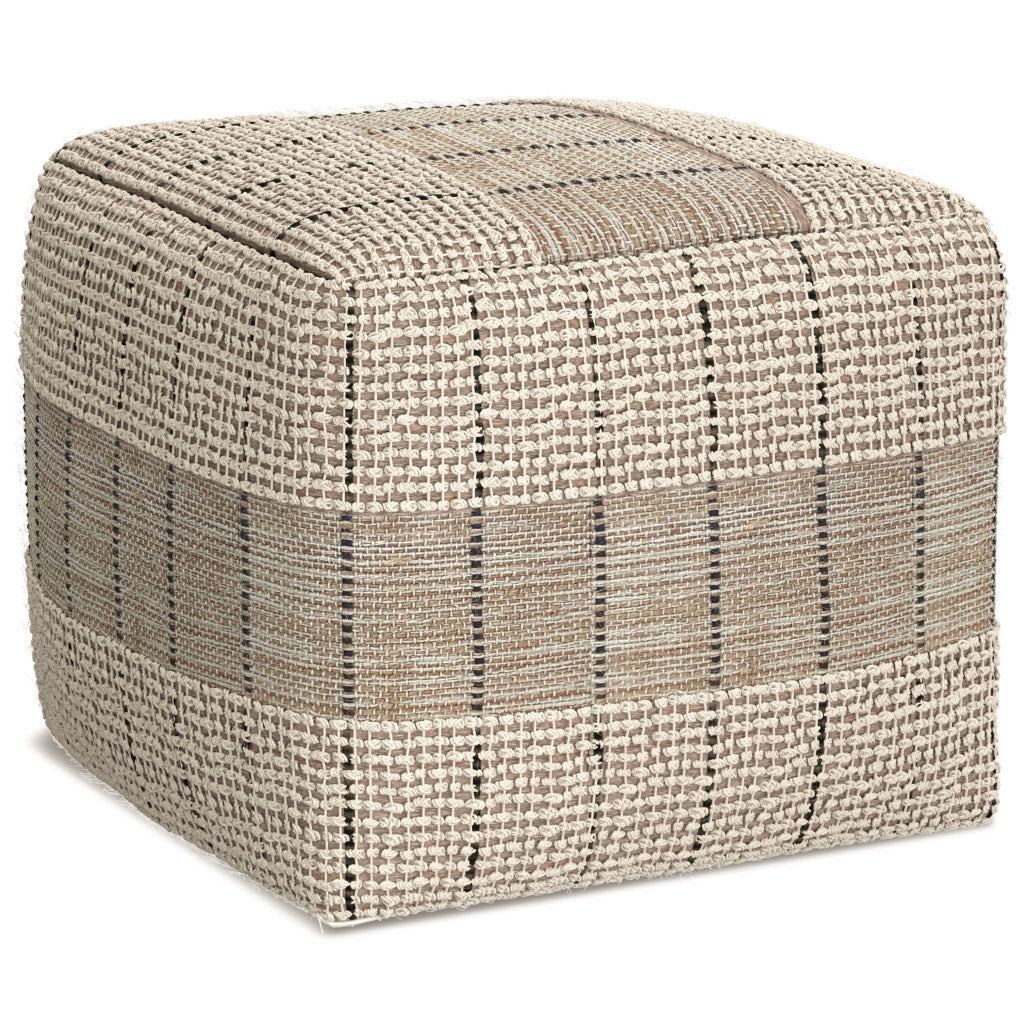 Elmer square pouf upholstered in handwoven natural and gray jute and cotton with a structured cube silhouette. — for Carpe Diem Dream