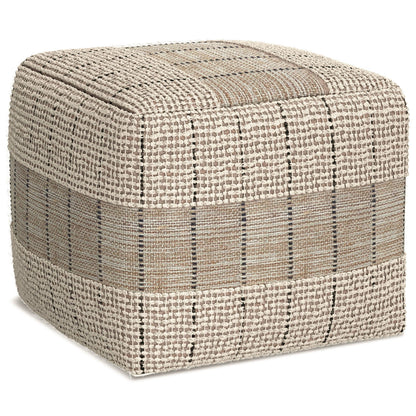 Elmer square pouf upholstered in handwoven natural and gray jute and cotton with a structured cube silhouette. — for Carpe Diem Dream