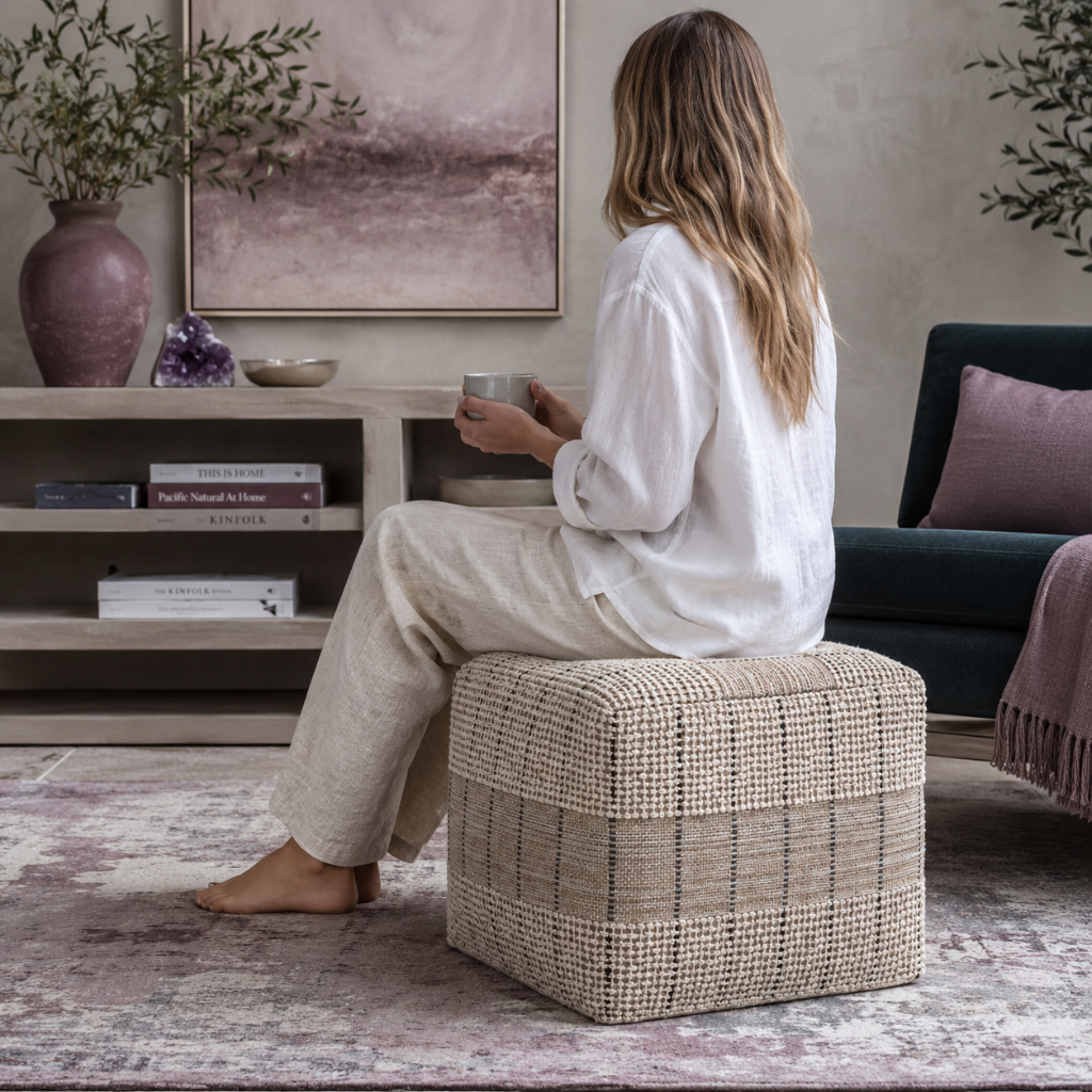 Woman seated on the Elmer handwoven jute and cotton square pouf, showing its true scale and use as compact extra seating. — for Carpe Diem Dream