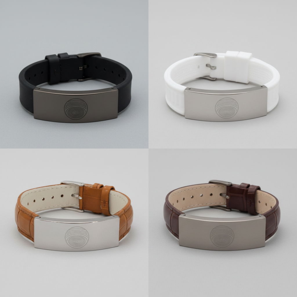 EMF defense bracelets displayed in black, white, light leather, and dark brown variants on a clean neutral background showing color and material differences. — for Carpe Diem Dream