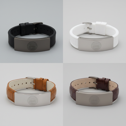 EMF defense bracelets displayed in black, white, light leather, and dark brown variants on a clean neutral background showing color and material differences. — for Carpe Diem Dream