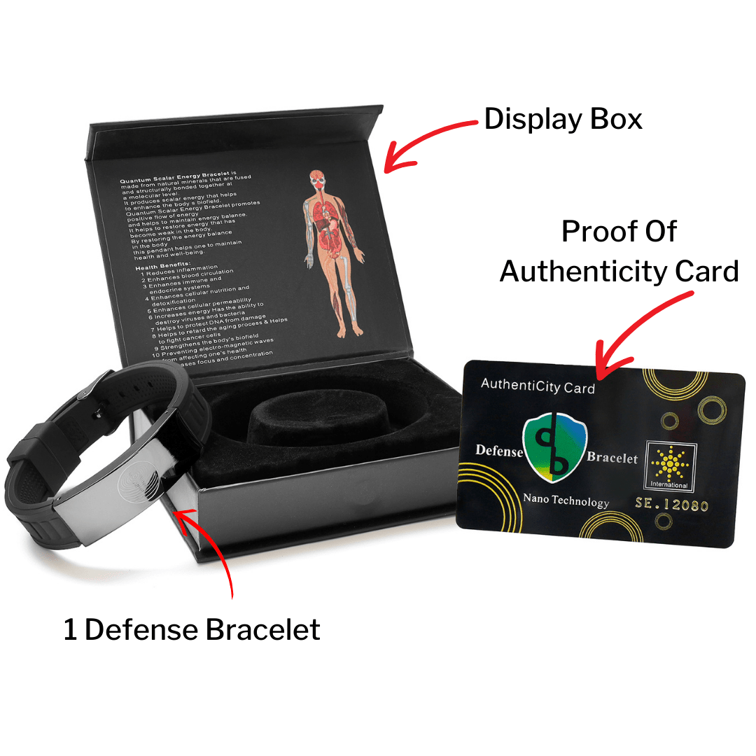EMF defense bracelet displayed with presentation box and authenticity card on a clean white background, showing included packaging and contents. — for Carpe Diem Dream