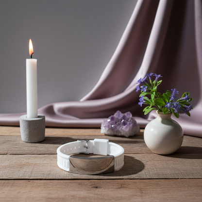 White EMF defense bracelet styled on a wooden surface with a candle, floral arrangement, crystal, and draped fabric in a softly lit ambient setting. — for Carpe Diem Dream