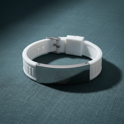 White EMF defense bracelet with stainless steel plate displayed on a muted teal linen surface with soft diffused lighting and subtle shadow. — for Carpe Diem Dream