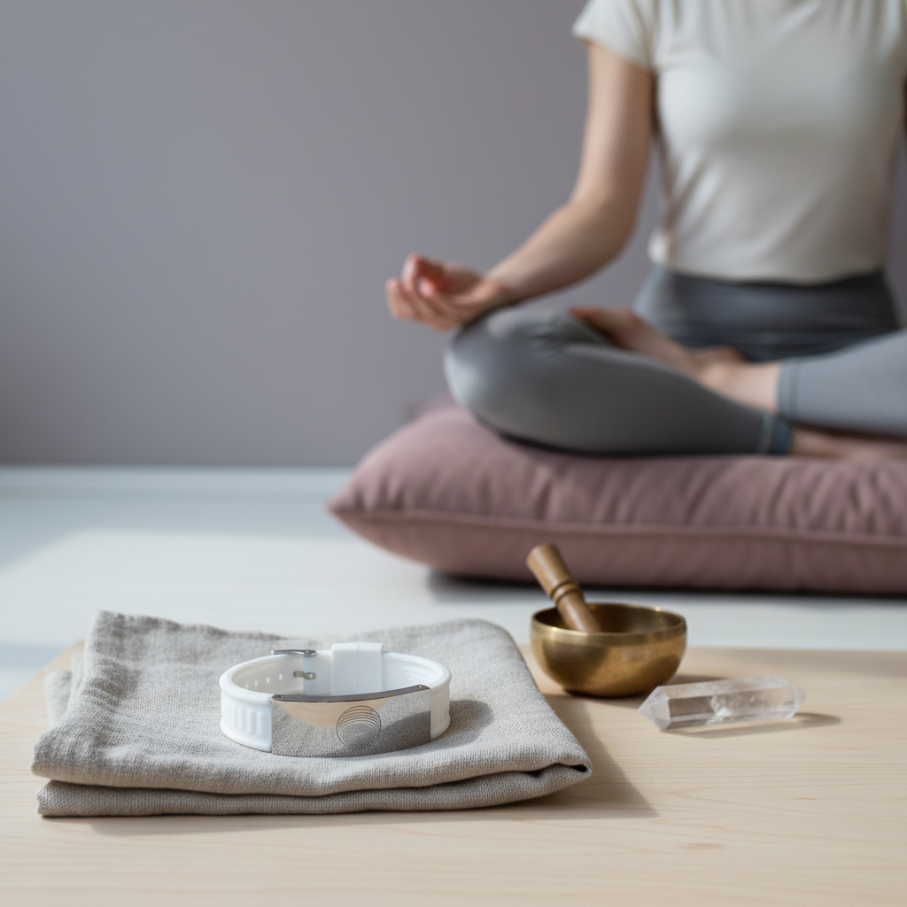 White EMF defense bracelet placed on folded fabric beside a singing bowl and crystal, with a person meditating in the background in a calm wellness setting. — for Carpe Diem Dream
