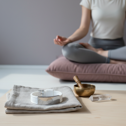 White EMF defense bracelet placed on folded fabric beside a singing bowl and crystal, with a person meditating in the background in a calm wellness setting. — for Carpe Diem Dream