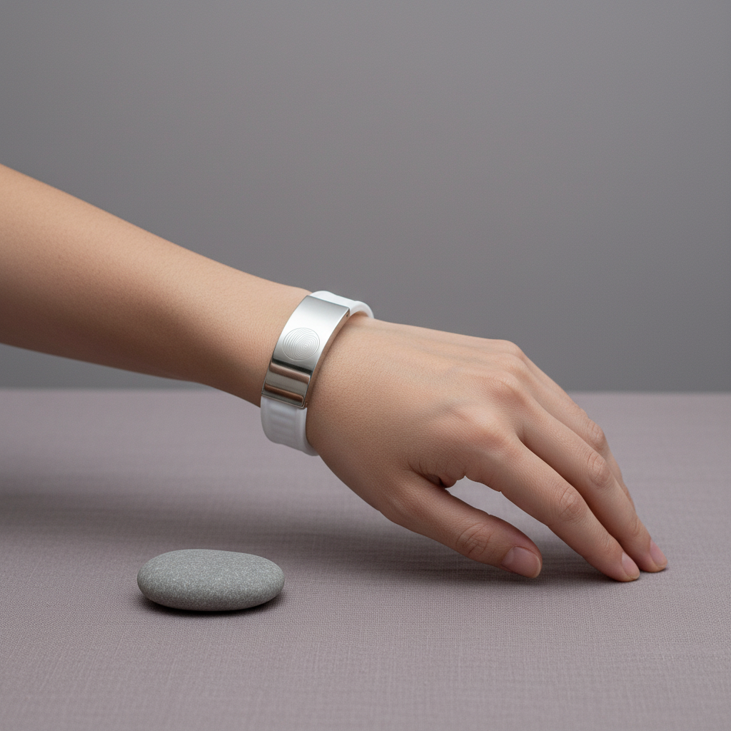 White EMF defense bracelet worn on a wrist, shown in a minimal setting to illustrate fit and scale with soft natural lighting. — for Carpe Diem Dream