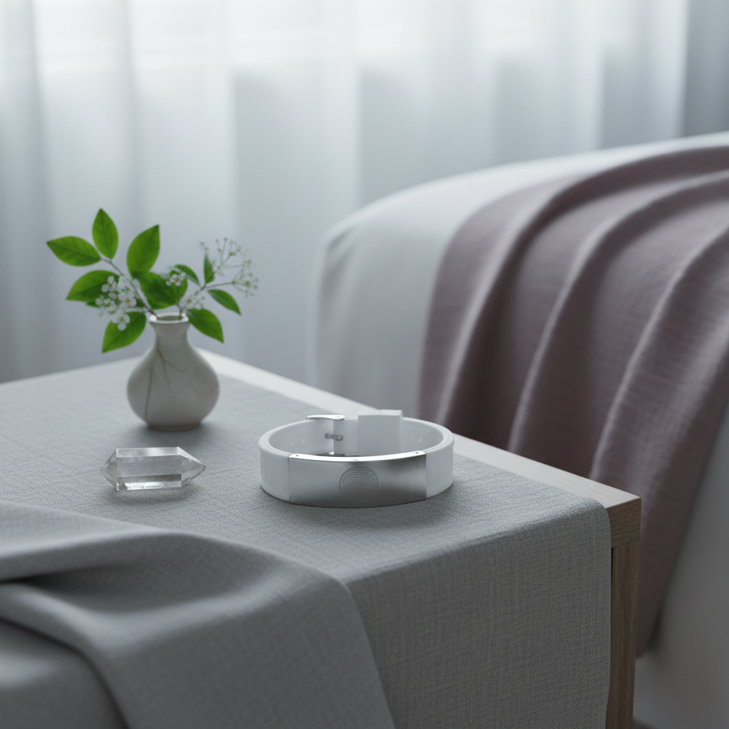 White EMF defense bracelet placed on a soft draped surface beside a small vase and crystal in a serene bedroom spa setting with gentle natural light. — for Carpe Diem Dream