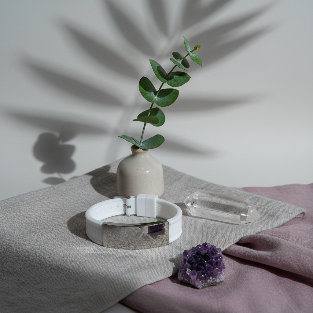 White EMF defense bracelet styled on layered neutral and mauve fabric with a small vase, greenery, and crystals against a textured wall with botanical shadows. — for Carpe Diem Dream