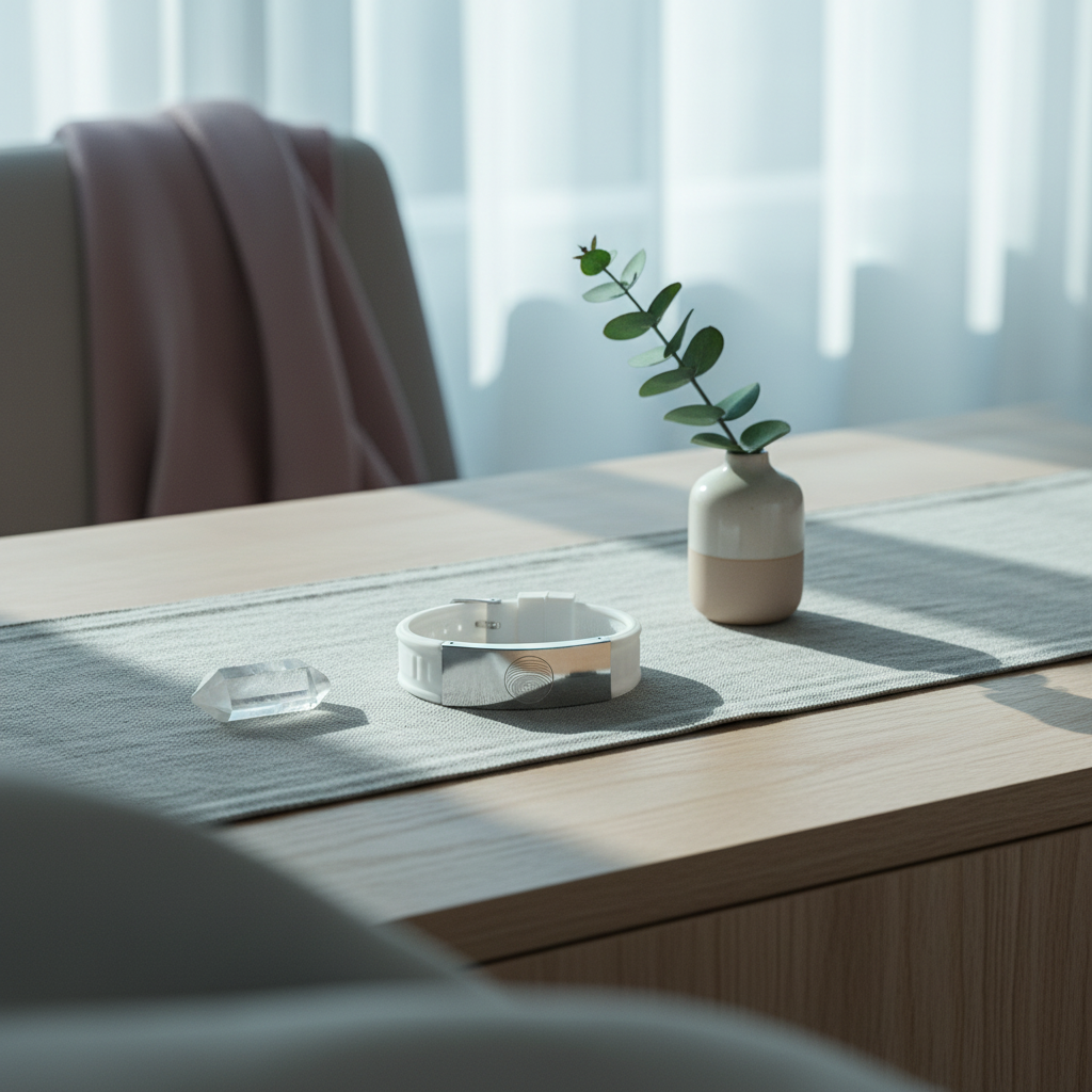 White EMF defense bracelet placed on a bedside table with a small vase and crystal, softly lit by natural window light in a calm home setting. — for Carpe Diem Dream