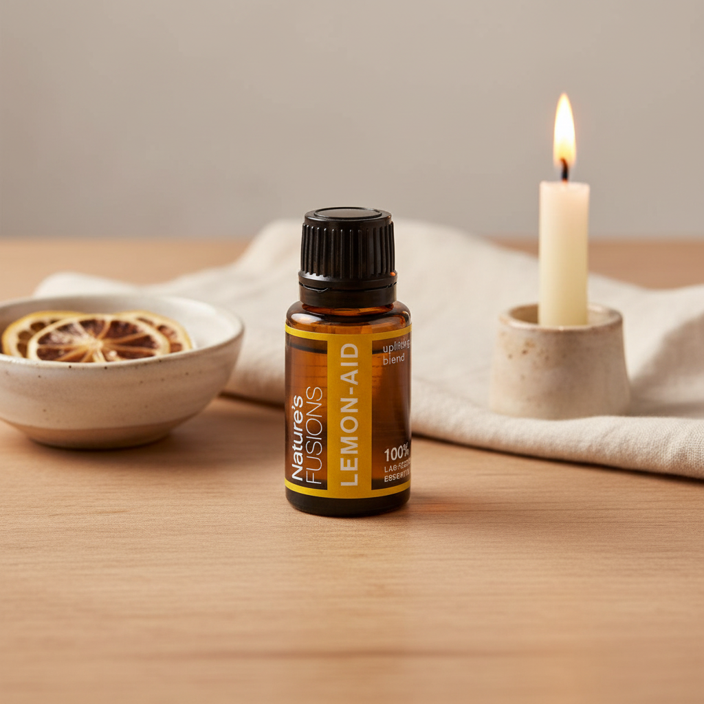 A 15ml amber glass bottle of Lemon-Aid uplifting citrus essential oil displayed on a wooden surface beside a lit candle and dried citrus slices. — for Carpe Diem Dream