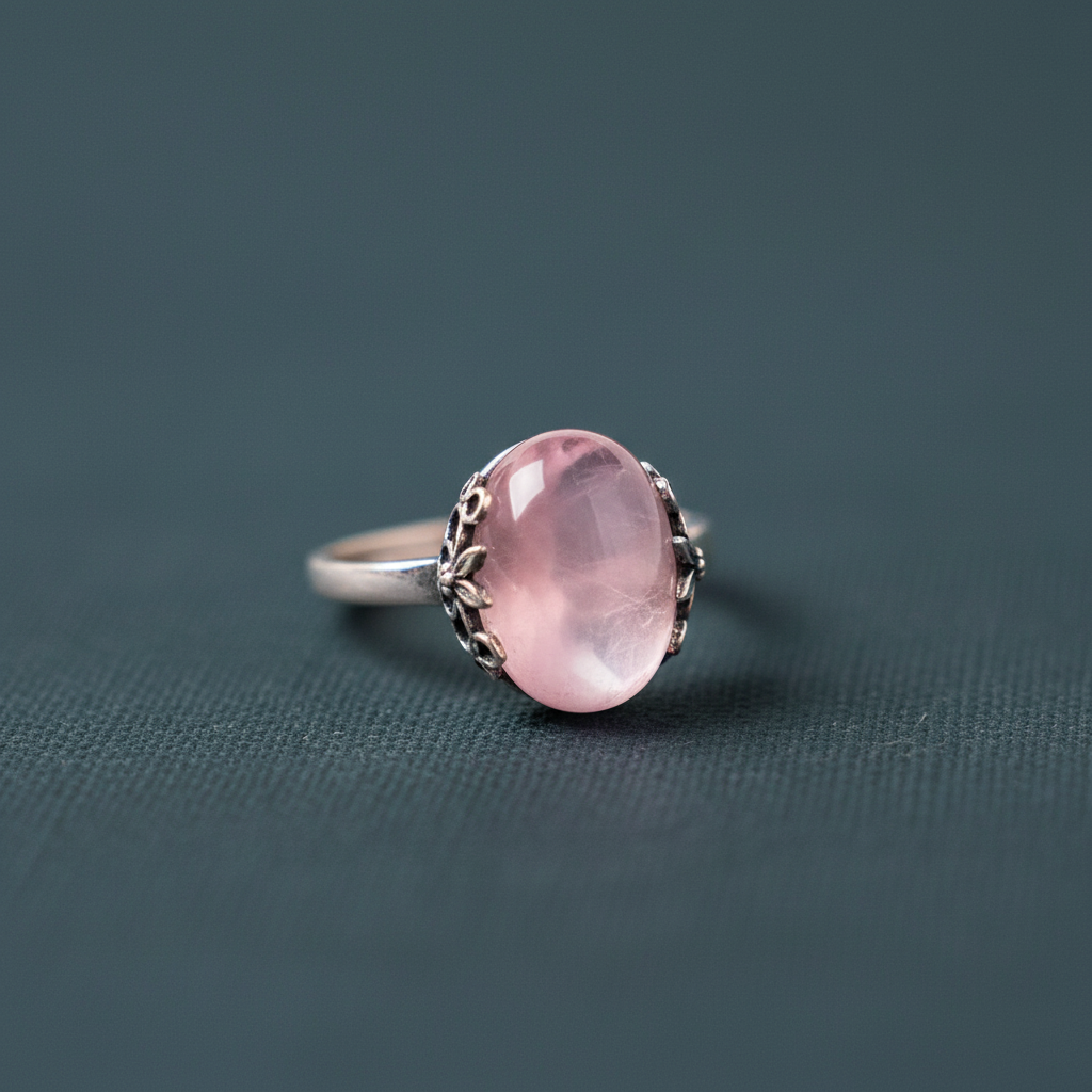 A close-up view of The Emotional Release Ring highlighting the polished rose quartz stone set in a silver band against a deep teal background. — for Carpe Diem Dream