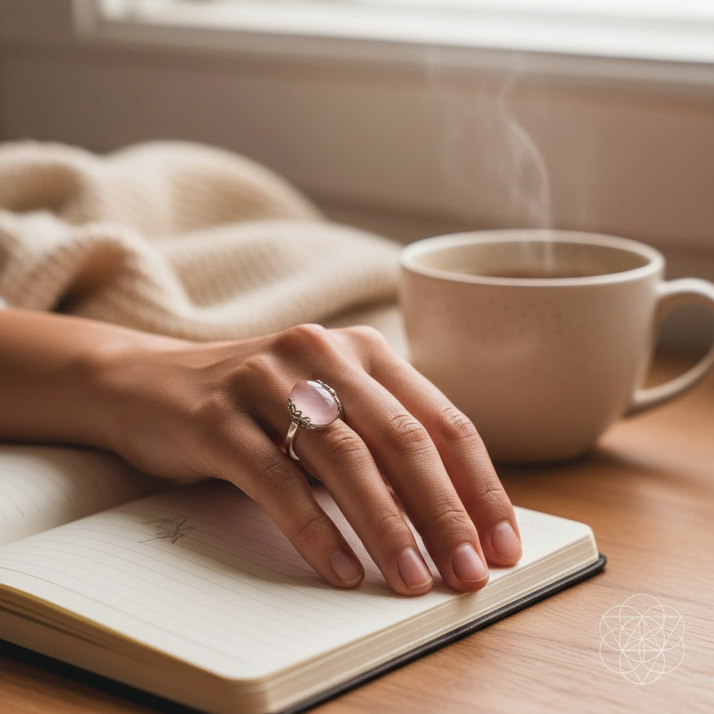 The Emotional Release Ring worn on the hand while journaling beside a warm cup of tea, capturing a quiet moment of reflection and emotional release. — for Carpe Diem Dream