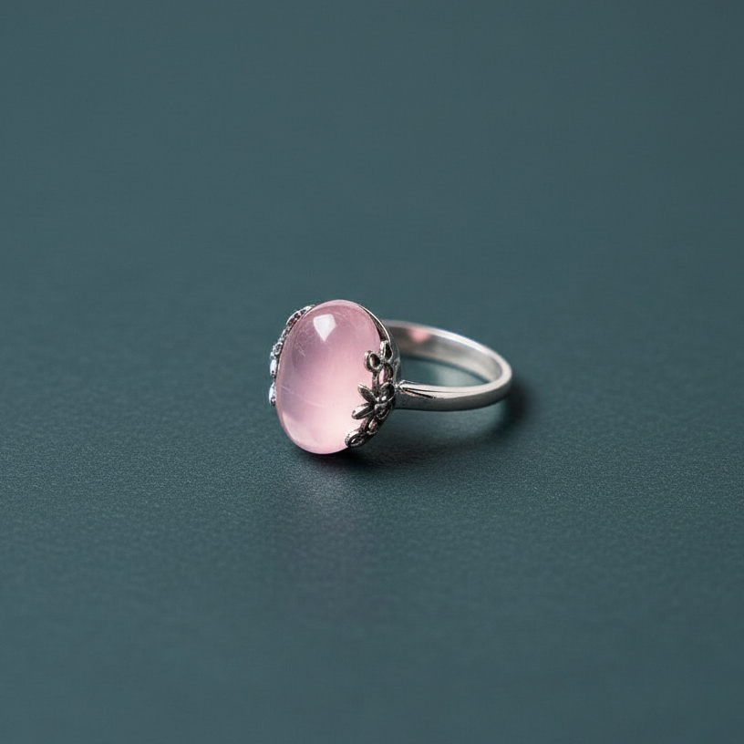 The Emotional Release Ring featuring a soft pink rose quartz stone set in a silver band against a deep teal background. — for Carpe Diem Dream