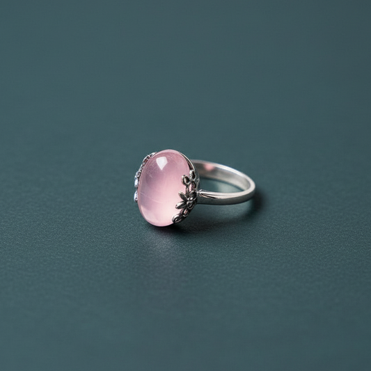 The Emotional Release Ring featuring a soft pink rose quartz stone set in a silver band against a deep teal background. — for Carpe Diem Dream