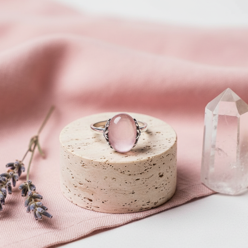 The Emotional Release Ring displayed on a stone pedestal with a clear quartz point and soft pink fabric, creating a calm mindful ritual setting. — for Carpe Diem Dream