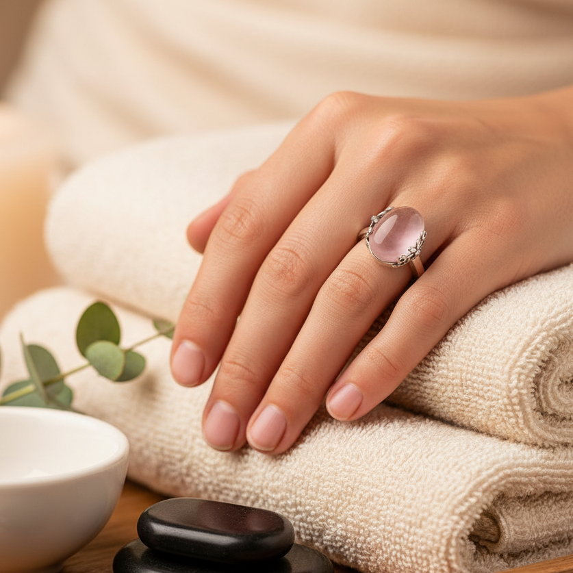 The Emotional Release Ring worn on the hand resting on folded spa towels with smooth stones and botanicals, evoking a peaceful spa retreat atmosphere. — for Carpe Diem Dream