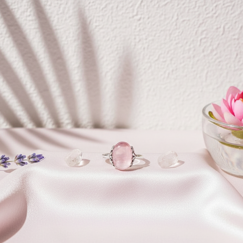 The Emotional Release Ring featuring a rose quartz stone styled on soft fabric with clear quartz accents and gentle botanicals in a serene studio botanical setting. — for Carpe Diem Dream
