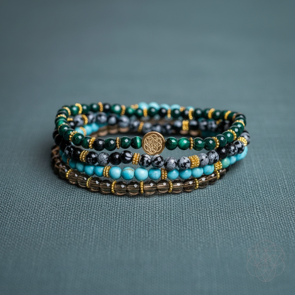 A close-up view of a stacked set of four crystal bracelets featuring turquoise, malachite, smoky quartz, and snowflake obsidian displayed on a textured teal fabric surface. — for Carpe Diem Dream